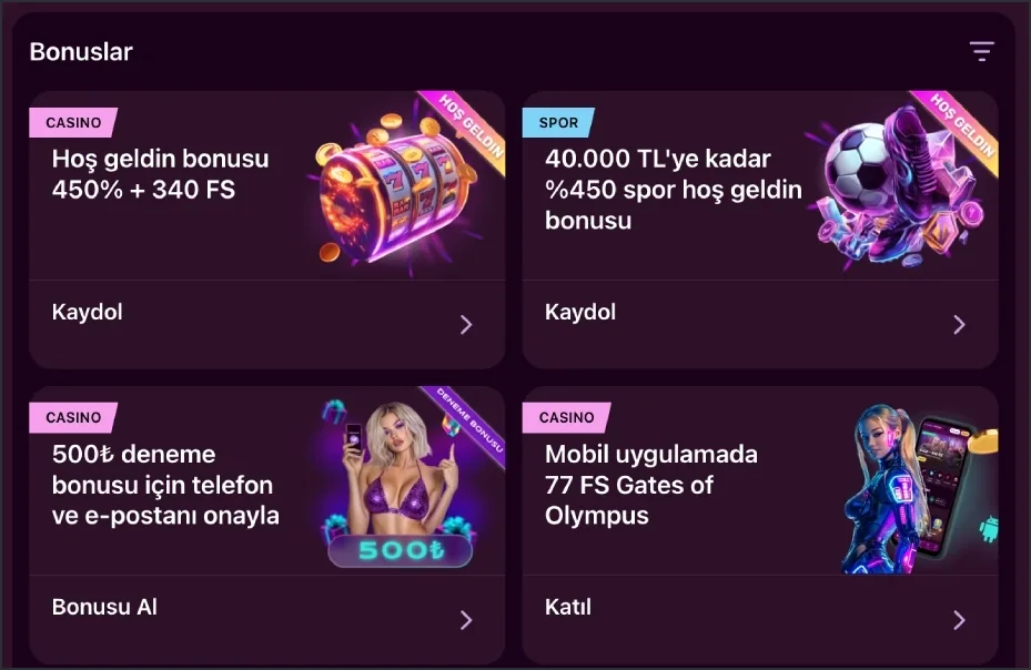 Bonuslar sekmesi kart listesi görünümü Bonuslar sekmesinde CASINO ve SPOR etiketli hoş geldin bonusu, deneme bonusu ve mobil uygulama bonusu kartları