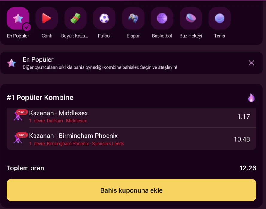 Canlı bahis kombine kupon görünümü Canlı bahis ekranında Popüler Kombine kuponu, iki seçim ve toplam oran satırı